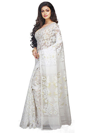 Bengal Handloom Cotton Silk Saree in White