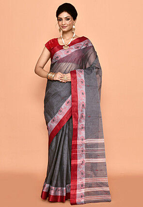 Bengal Handloom Pure Cotton Tant Saree in Dark Grey