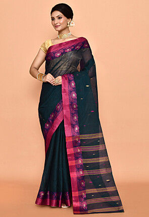 Bengal Handloom Pure Cotton Tant Saree in Navy Blue