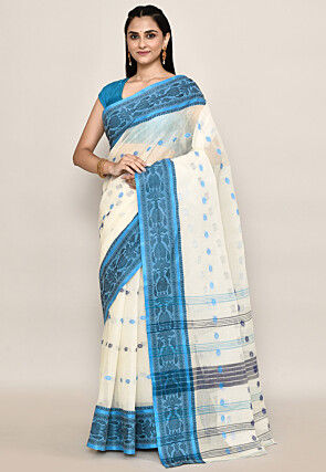 Bengal Handloom Pure Cotton Tant Saree in Off White