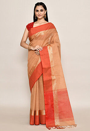 Bengal Handloom Pure Cotton Tant Saree in Peach