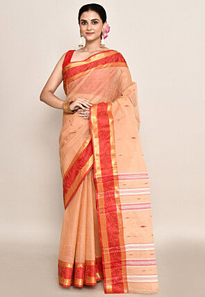 Bengal Handloom Pure Cotton Tant Saree in Peach