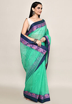 Bengal Handloom Pure Cotton Tant Saree in Sea Green