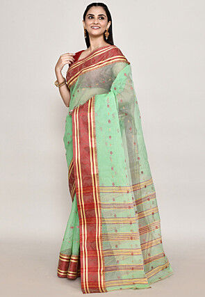 Bengal Handloom Pure Cotton Tant Saree in Sea Green