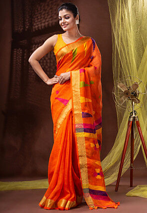 Bengal Handloom Pure Linen Jamdani Saree in Orange