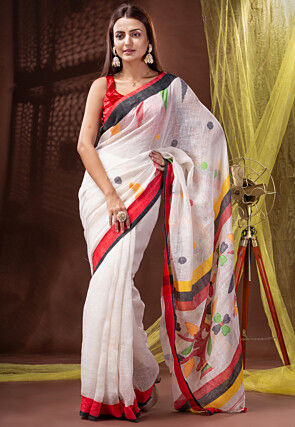 Linen Sarees - Buy Handwoven Printed Pure Linen Sarees Online - Oorjaa  Shopping