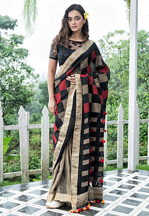 Bengal Handloom Pure Linen Saree in Black and Beige