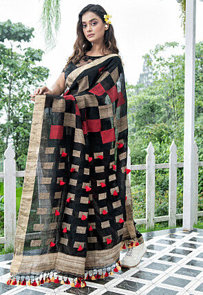 Bengal Handloom Pure Linen Saree in Black and Beige