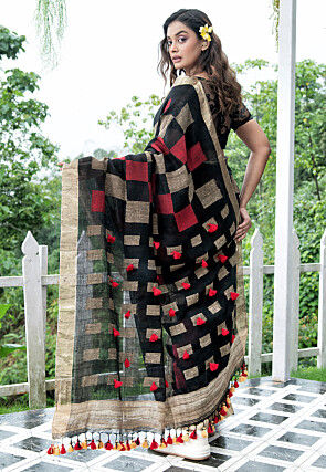 Bengal Handloom Pure Linen Saree in Black and Beige