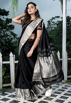 Bengal Handloom Pure Linen Saree in Black