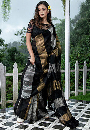 Bengal Handloom Pure Linen Saree in Black