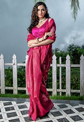 Bengal Handloom Pure Linen Saree in Fuchsia