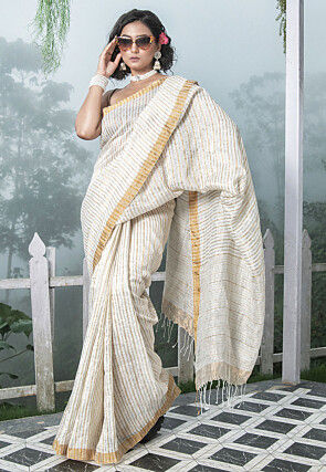 Bengal Handloom Pure Linen Saree in Off White