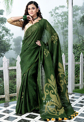 Bengal Handloom Pure Linen Saree in Olive Green