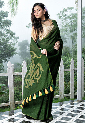 Bengal Handloom Pure Linen Saree in Olive Green