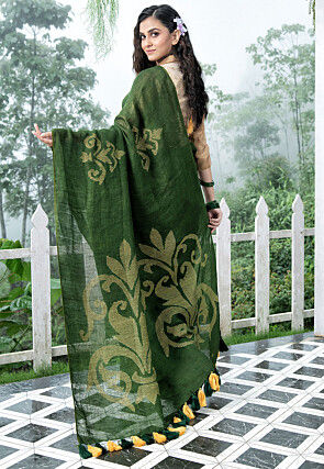 Bengal Handloom Pure Linen Saree in Olive Green