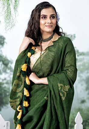 Bengal Handloom Pure Linen Saree in Olive Green