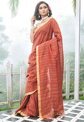 Bengal Handloom Pure Linen Saree in Rust