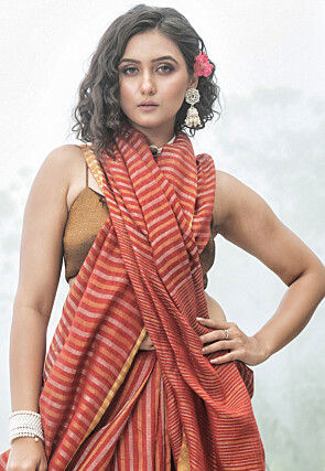 Bengal Handloom Pure Linen Saree in Rust