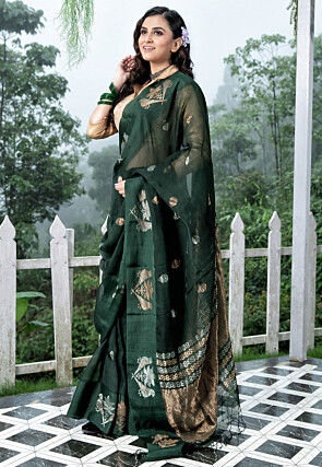 Bengal Handloom Pure Silk Saree in Dark Green
