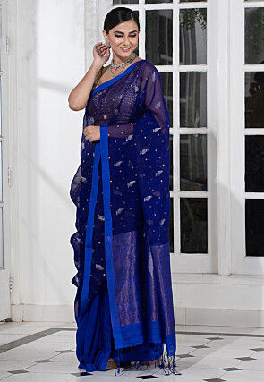 Bengal Handloom Pure Silk Saree in Navy Blue