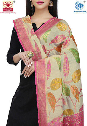 Handloom Pure Muga Silk Dupatta in Light Beige and Pink