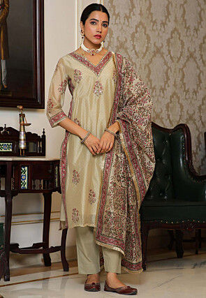 Block Printed Art Chanderi Silk Pakistani Suit in Beige