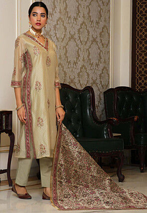 Block Printed Art Chanderi Silk Pakistani Suit in Beige