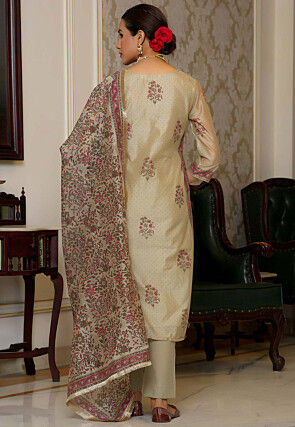 Block Printed Art Chanderi Silk Pakistani Suit in Beige