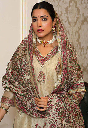 Block Printed Art Chanderi Silk Pakistani Suit in Beige