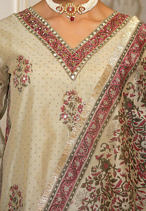 Block Printed Art Chanderi Silk Pakistani Suit in Beige