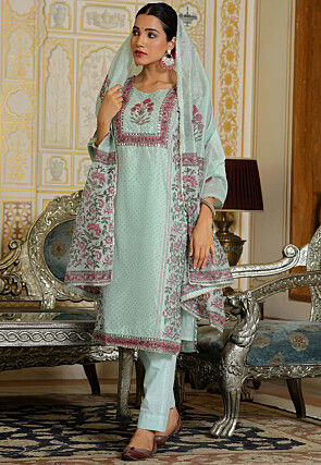 Block Printed Art Chanderi Silk Pakistani Suit in Pastel Green