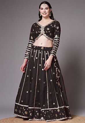Block Printed Art Dupion Silk Lehenga in Black