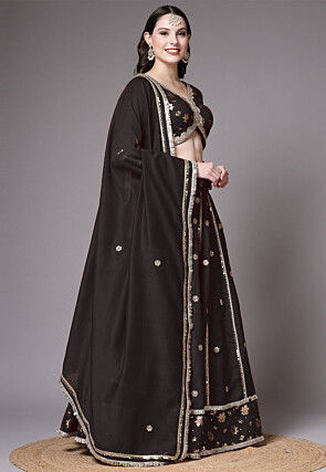 Block Printed Art Dupion Silk Lehenga in Black