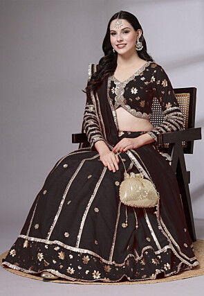 Block Printed Art Dupion Silk Lehenga in Black