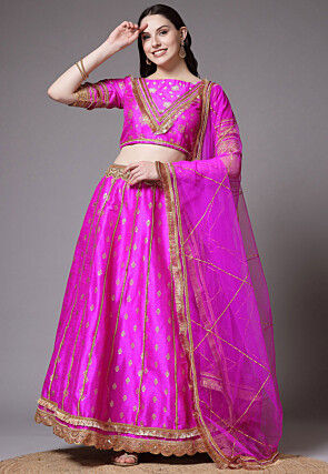 Block Printed Dupion Silk Lehenga in Fuchsia