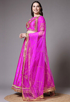 Block Printed Dupion Silk Lehenga in Fuchsia