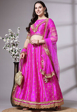 Block Printed Dupion Silk Lehenga in Fuchsia