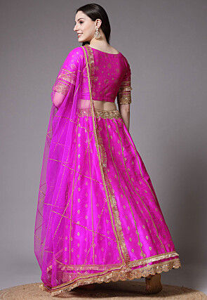 Block Printed Dupion Silk Lehenga in Fuchsia