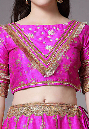 Block Printed Dupion Silk Lehenga in Fuchsia
