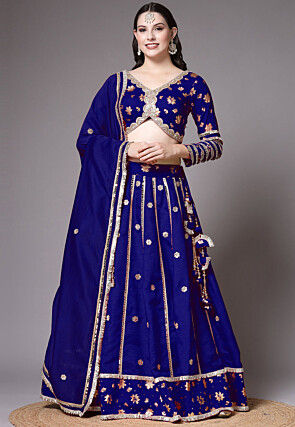 Block Printed Art Dupion Silk Lehenga in Navy Blue