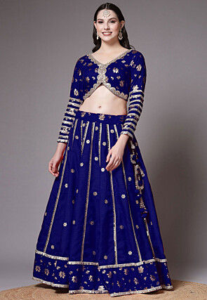 Block Printed Art Dupion Silk Lehenga in Navy Blue