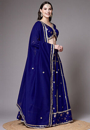 Block Printed Art Dupion Silk Lehenga in Navy Blue