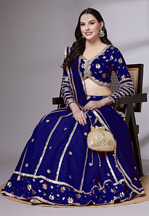 Block Printed Art Dupion Silk Lehenga in Navy Blue