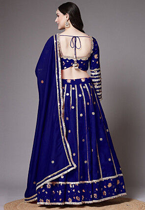 Block Printed Art Dupion Silk Lehenga in Navy Blue