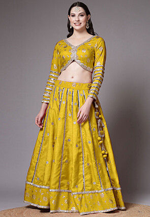 Block Printed Art Dupion Silk Lehenga in Olive Green