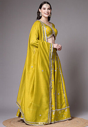 Block Printed Art Dupion Silk Lehenga in Olive Green