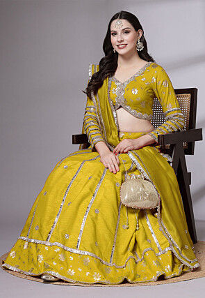 Block Printed Art Dupion Silk Lehenga in Olive Green