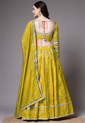 Block Printed Art Dupion Silk Lehenga in Olive Green