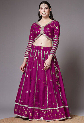 Block Printed Art Dupion Silk Lehenga in Purple